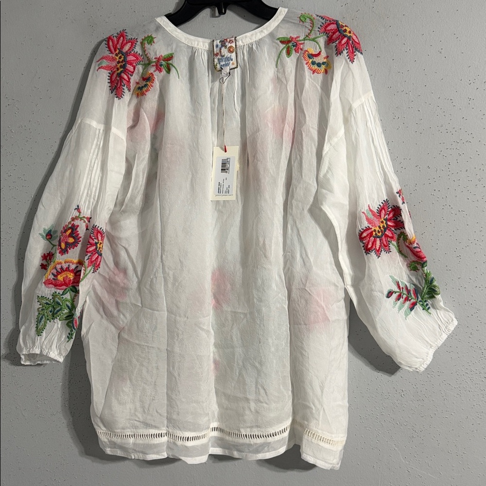 Johnny Was White Embroidered Floral Tunic with Pink and Green Accents - Picture 5 of 13
